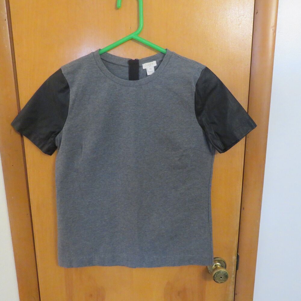 J.Crew Gray Knit T-Shirt w/Black Faux Leather Sleeves Size XS